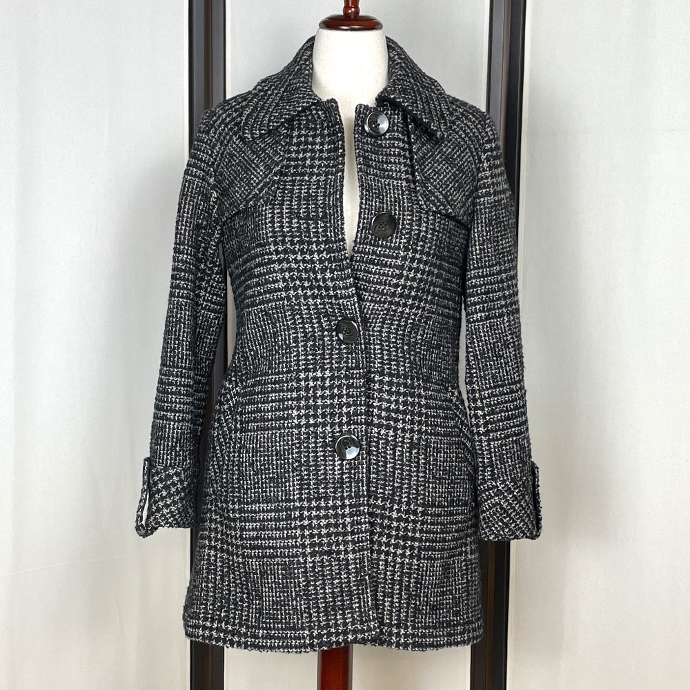 Ellen Tracy Wool Plaid Pea Coat Black White Size 2